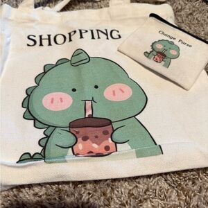 Dinosaur Shopping Tote and Change Purse Set - Green and Pink